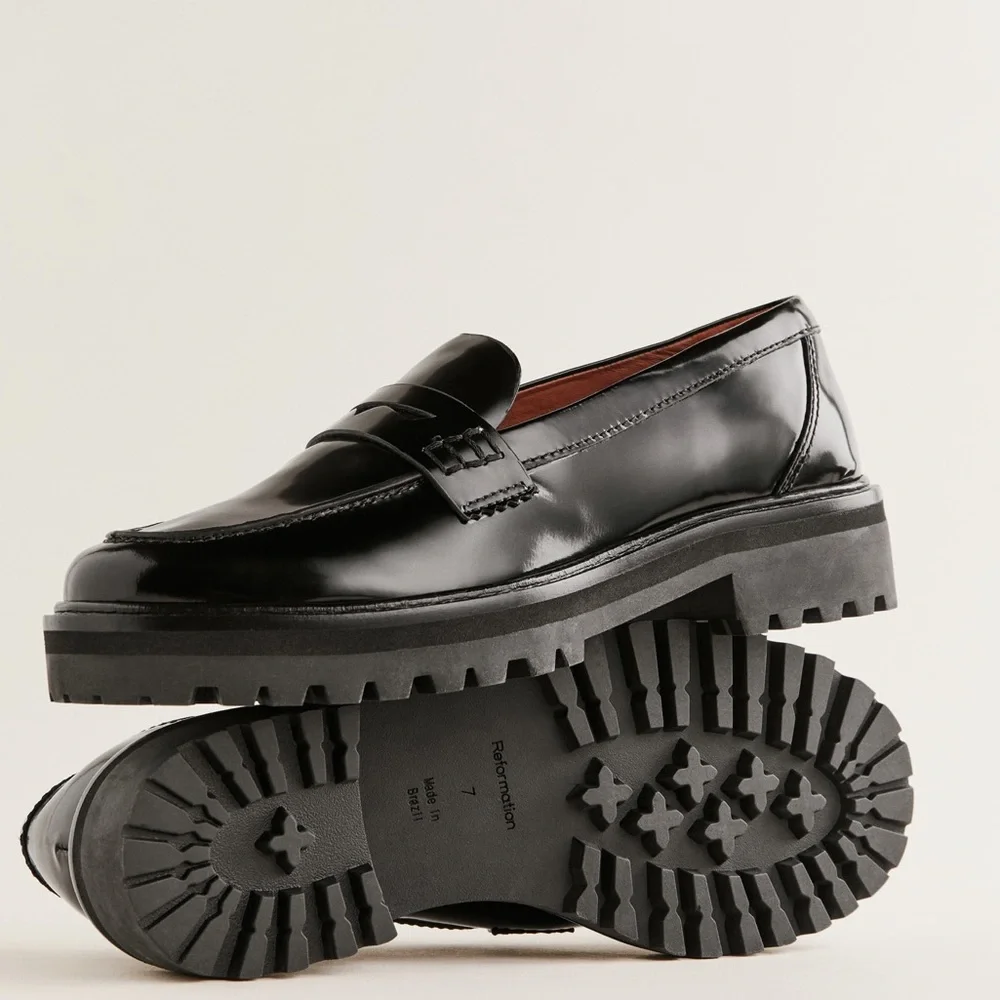 Reformation Black Patent Leather Lug Sole Loafers